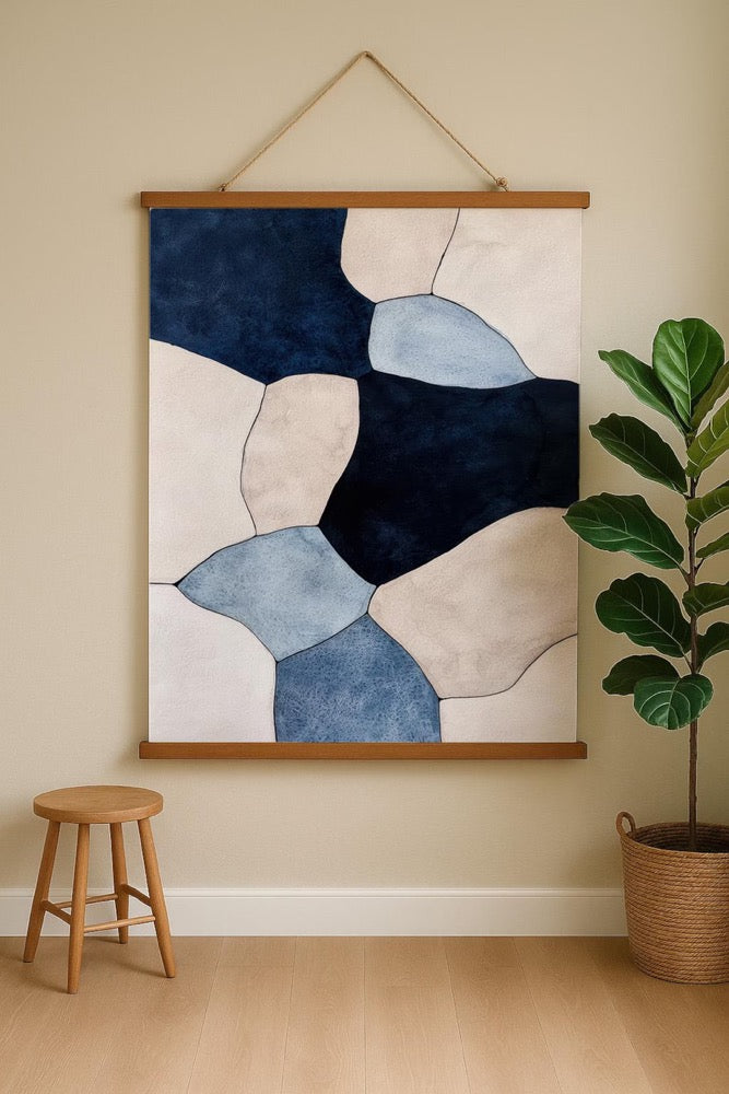 Abstract Blue Geometric Tapestry – Modern Boho & Scandi Wall Hanging