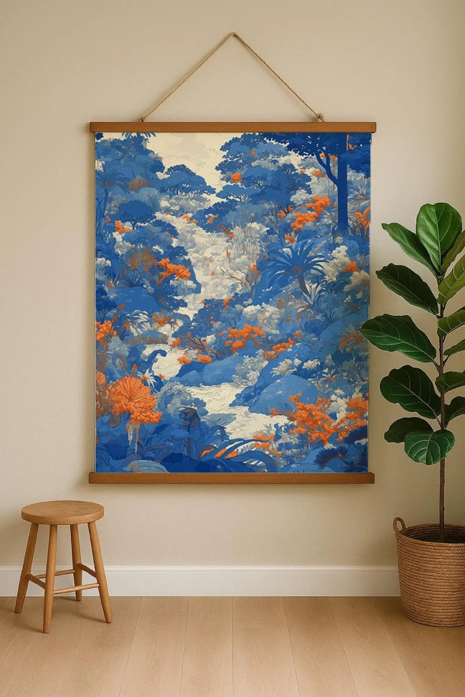 Blue Orange Botanical Wall Tapestry – Wood Rail Poster | Boho Tropical Jungle Home Decor