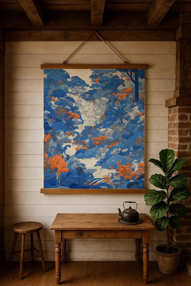 Blue Orange Botanical Wall Tapestry – Wood Rail Poster | Boho Tropical Jungle Home Decor