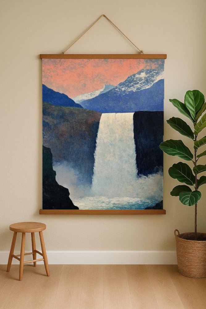 Abstract Waterfall Art Tapestry with Wooden Hanger - Modern Contemporary Wall Hanging