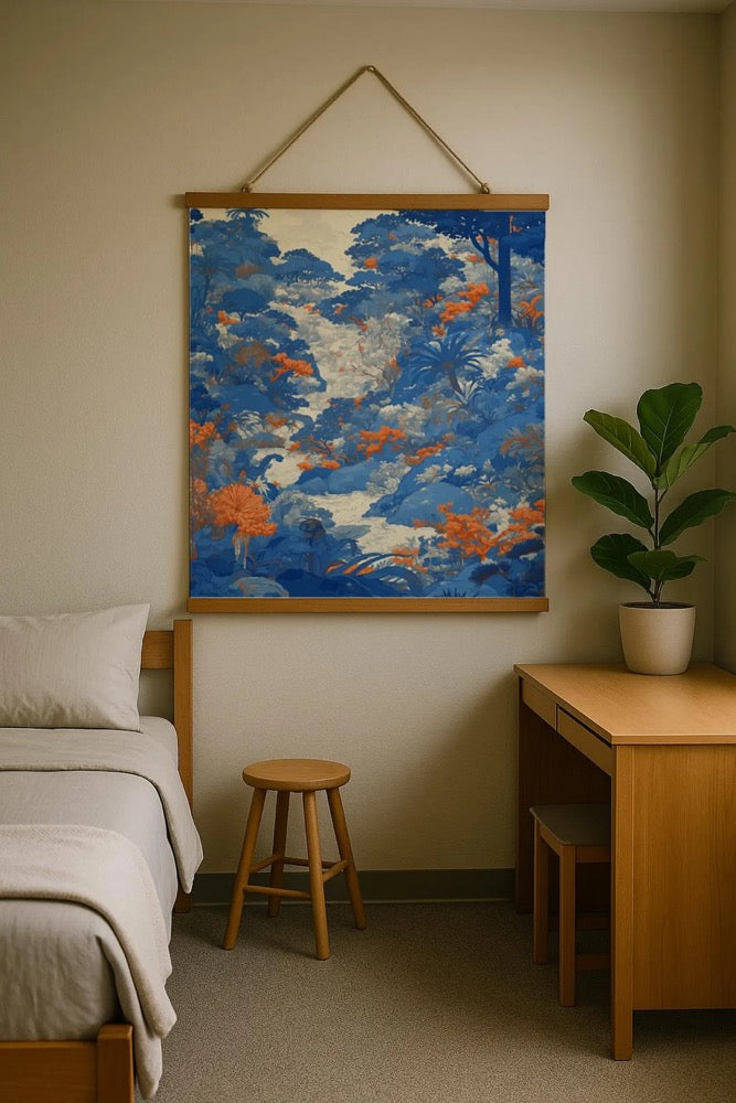 Blue Orange Botanical Wall Tapestry – Wood Rail Poster | Boho Tropical Jungle Home Decor